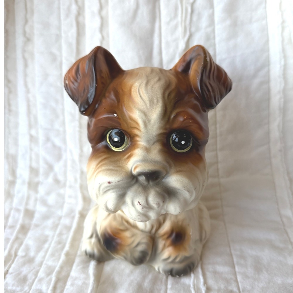 Vintage Norleans Dog Piggy Bank Brown Cream Ceramic Terrier Figurine Japan  6in